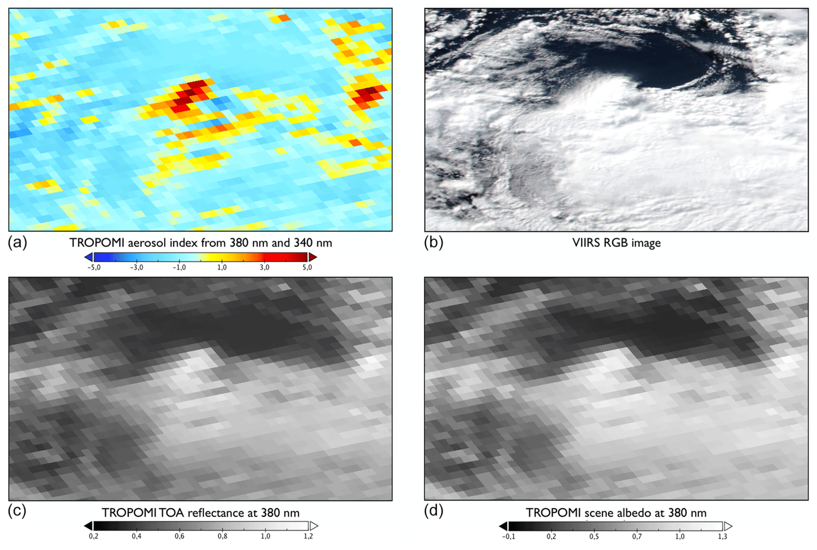 TROPOMI aerosol index, VIIRS imagery, and reflectance/albedo maps showing cloud effects