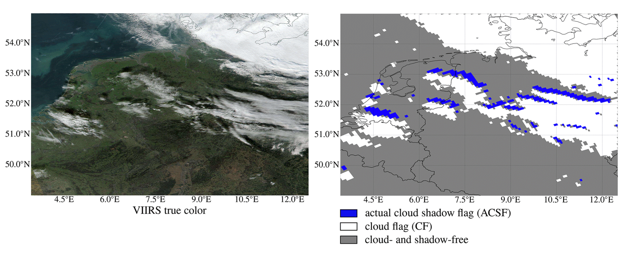 VIIRS true-colour scene and DARCLOS cloud-shadow flag on the TROPOMI grid
