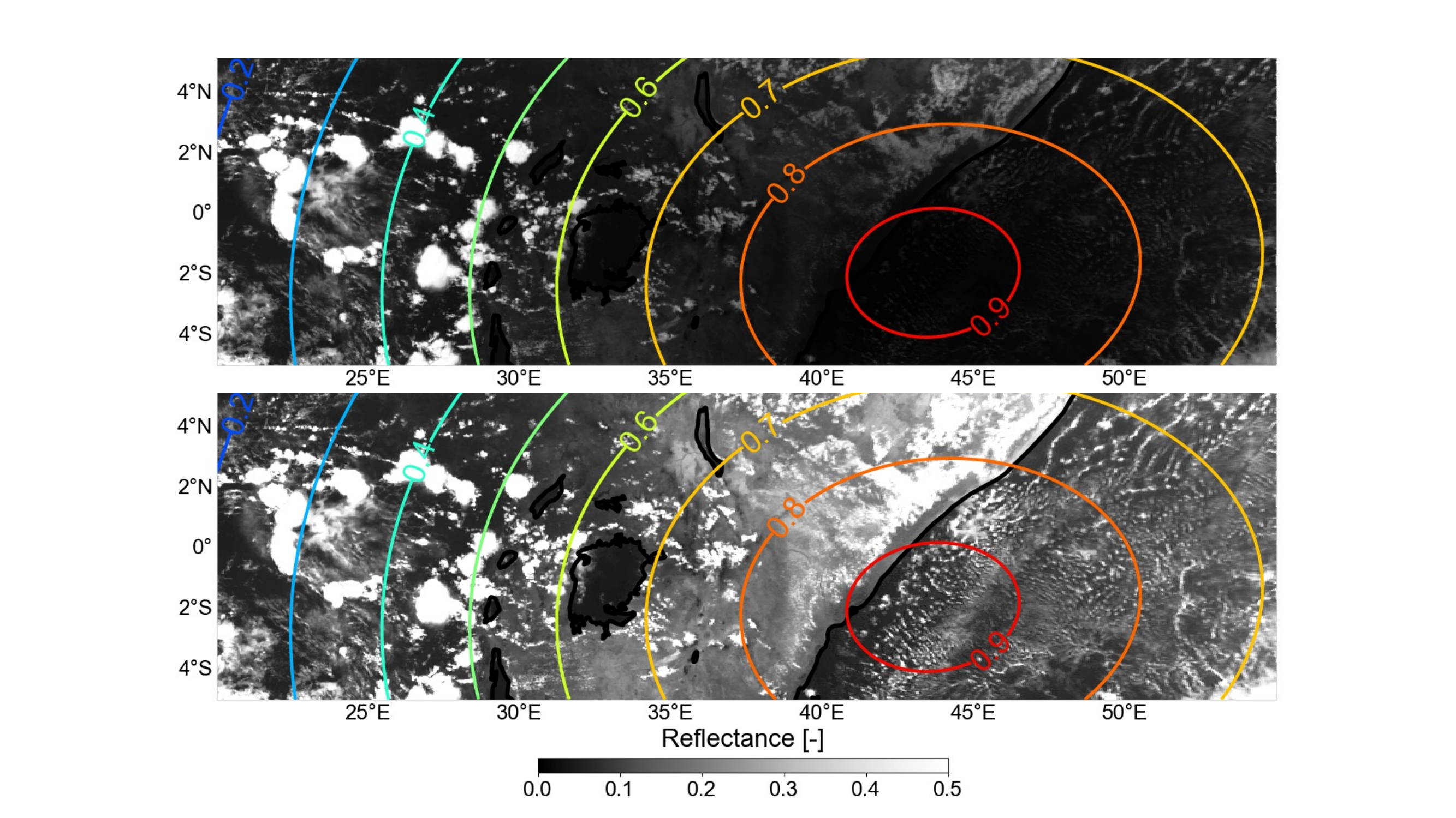 Satellite images during the 2005 solar eclipse before and after correction for reduced sunlight