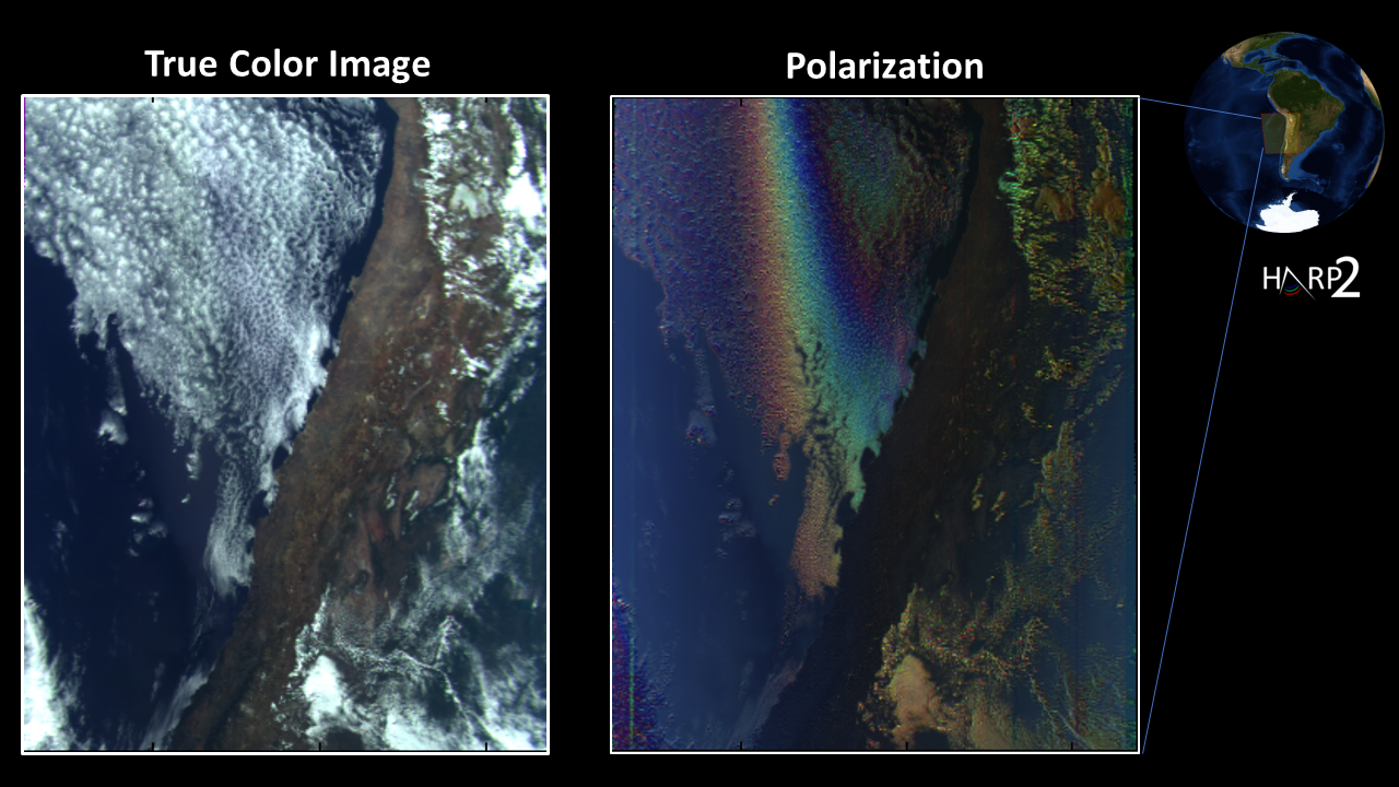 HARP2 first-light image over the west coast of South America showing true colour and polarisation